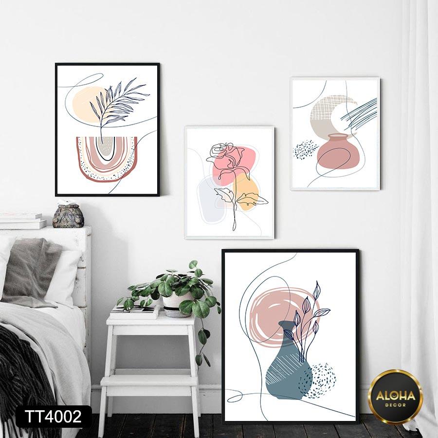 Set 4 tranh treo tường phòng khách Mininalist tông cam nâu tối giản - Tranh treo tường decor phòng ngủ tặng kèm khung