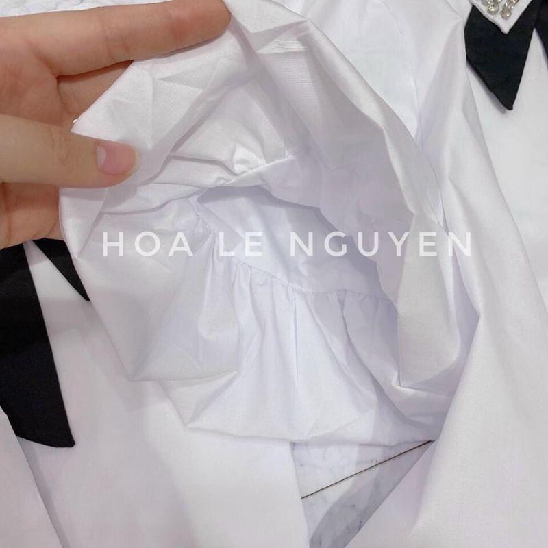 Áo sơ mi trắng trơn đính kết cổ nơ