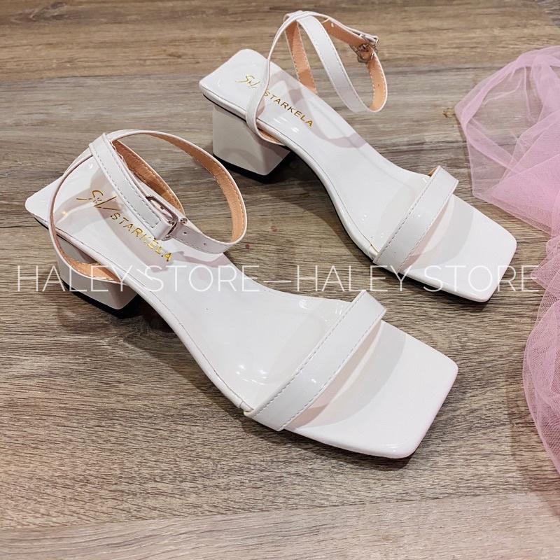 Sandal gót vuông 5p da bóng mũi vuông quai hậu chéo đi chơi đi làm đi học đi tiệc đi biển HALEY STORE