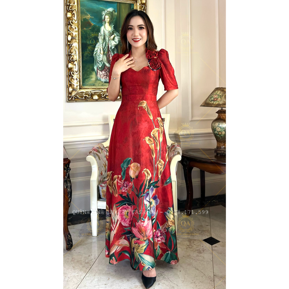 Đầm Xoè Nữ Hoàng Đỏ Hoạ Tiết Hoa Cao Cấp Sang Trọng Lilybelle Dress