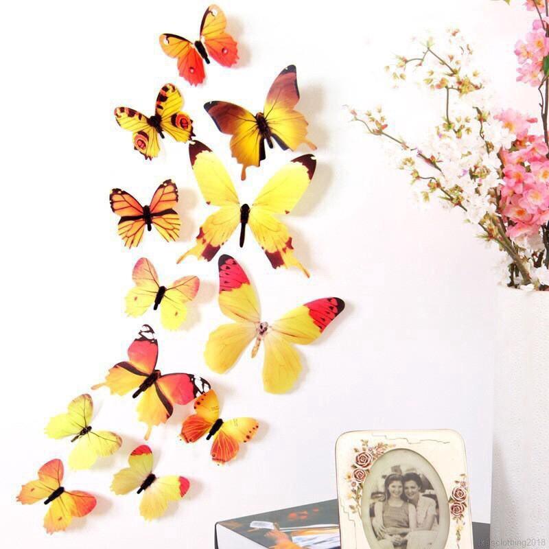 Combo 12 decal dán tường hình bướm 3D trang trí phòng ngủ, phòng khách độc đáo
