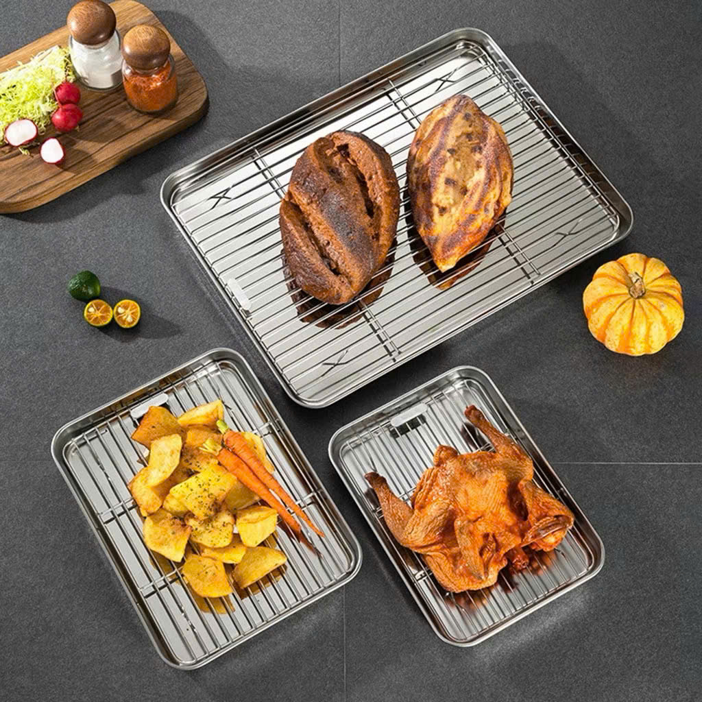 Khay Nướng Inox 304 Dày Dặn Kèm Vỉ Hấp Hình Chữ Nhật Dùng Nướng Bánh, Thực Phẩm - HÀNG CHÍNH HÃNG MINIIN