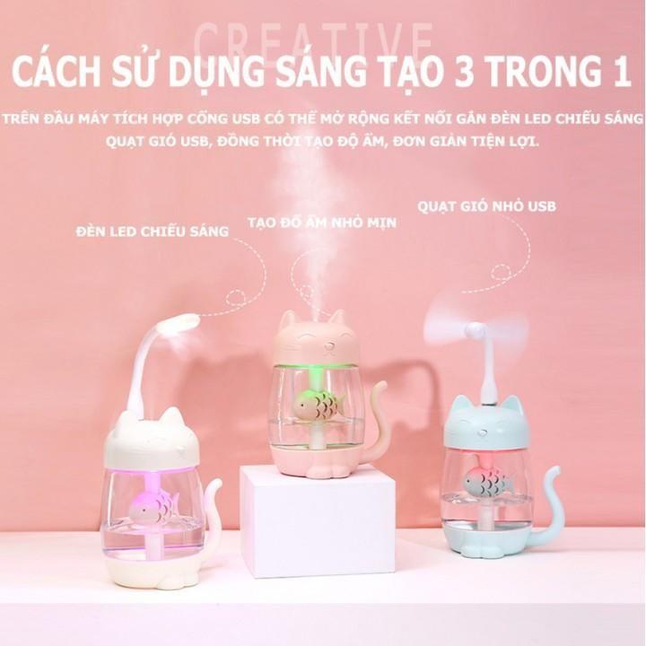 Mèo Máy Phun Sương 3in1 - Khuếch Tán Tinh Dầu &amp; Phun Sương Tạo Độ Ẩm, Đèn Mini, Quạt Mini