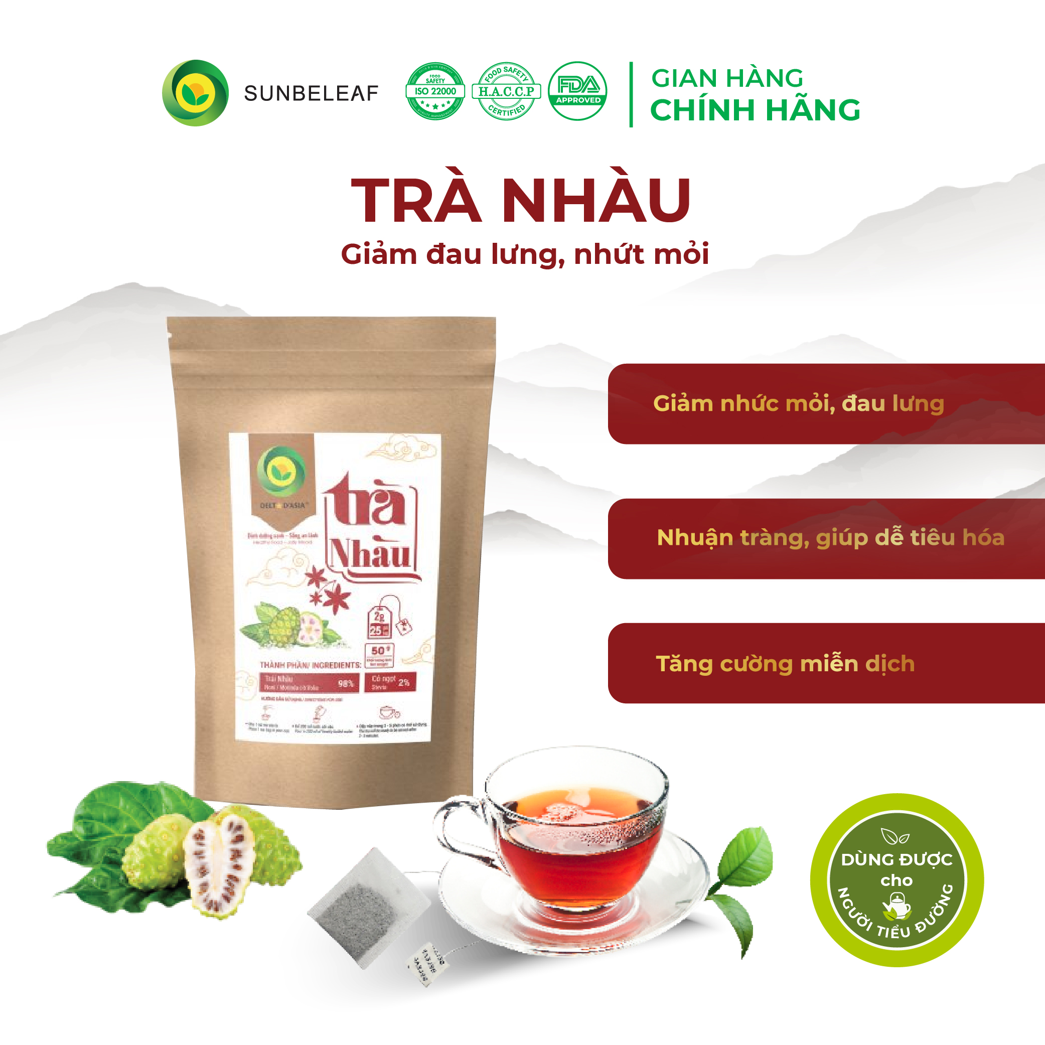 TRÀ NHÀU TÚI ZIP –  Delta D'Asia Chữa huyết áp cao, nhức mỏi, đau lưng (25 - 50 túi x 1,5 g)