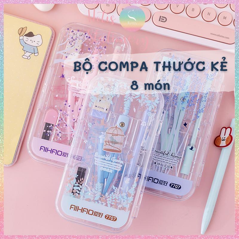 Bộ compa thước kẻ 8 món chuyên dụng, màu pastel cực xinh