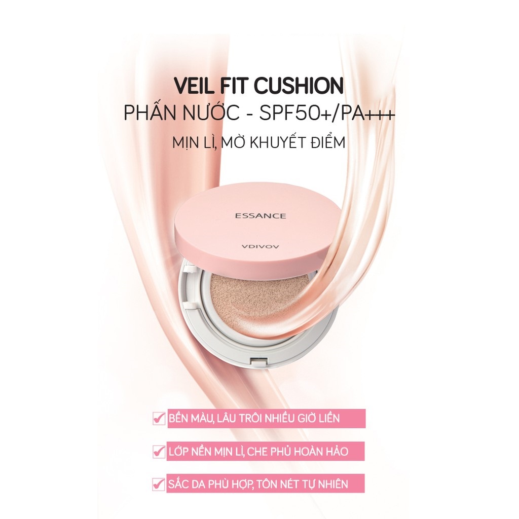 Bộ Phấn nước mịn lì mờ khuyết điểm Essance Veil Fit Cushion SPF50+ PA+++ 15g và Phấn phủ kiềm dầu dạng bột đa năng Essance Setting Powder 7g