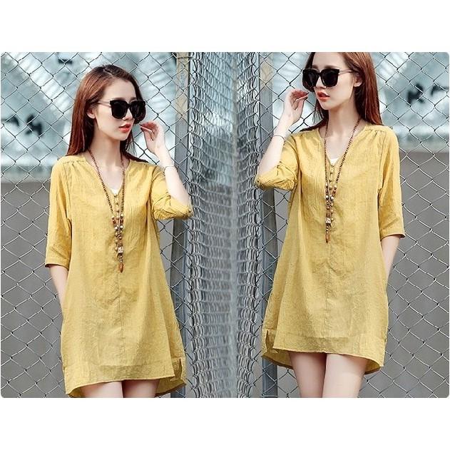 Đầm suông tay lỡ xẻ tà phong cách Hàn Quốc - DS37