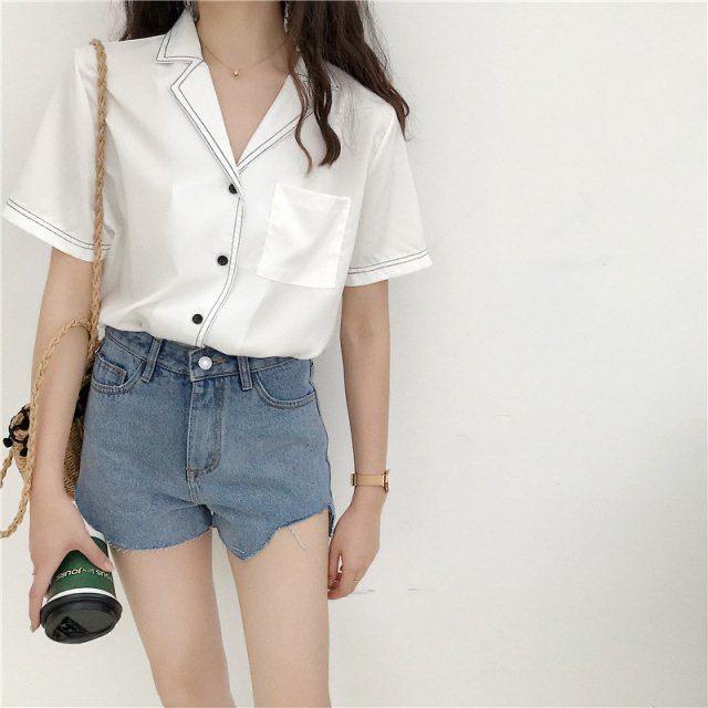 Áo Sơ Mi Nữ Form Rộng Cổ Vest YURITA Tay Ngắn Kiểu Công Sở, Phong Cách Hàn Quốc Viền Cổ Freesize