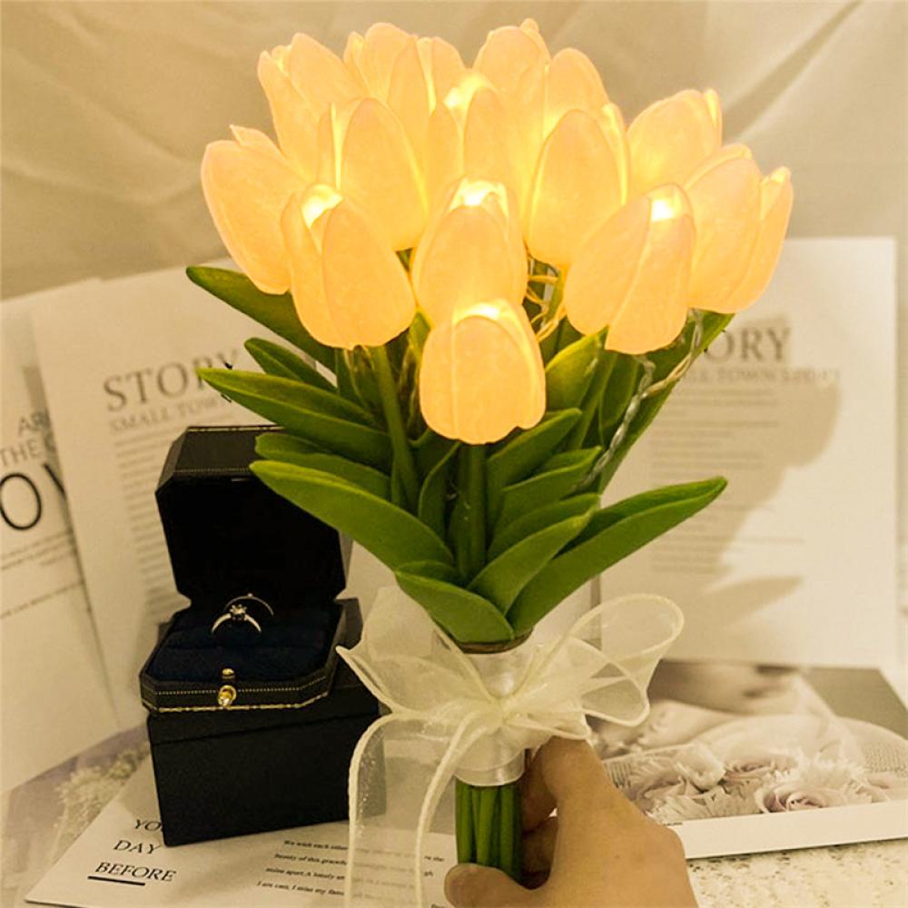 Bó 10 Cành Hoa Tulip Kèm Đèn Led Phát Sáng Hoa Cưới Hoa Lụa Giả Kèm Nơ Xinh Decor Trang Trí Nhà Cửa