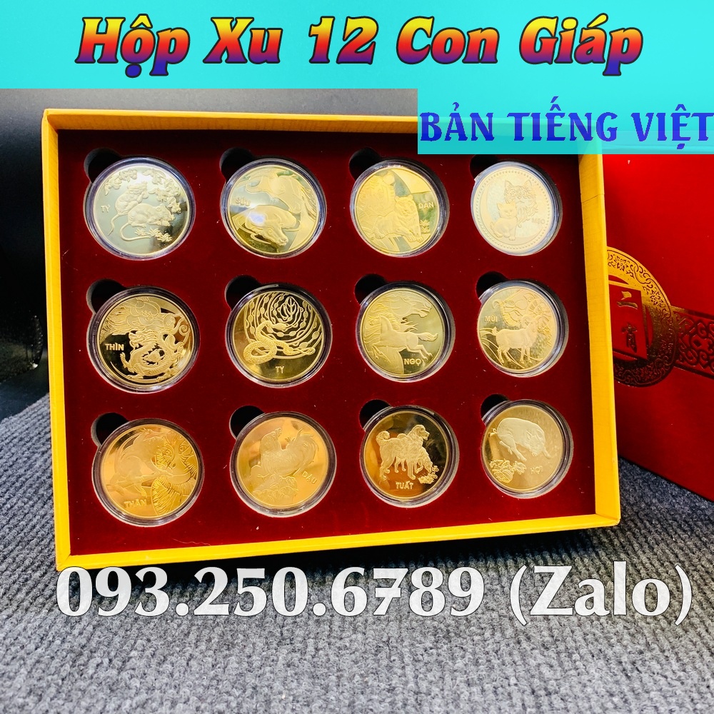 Bộ Đồng Xu 12 Con Giáp Mạ Vàng - Kèm Hộp Đỏ Sang Trọng Phong Thuỷ May Mắn