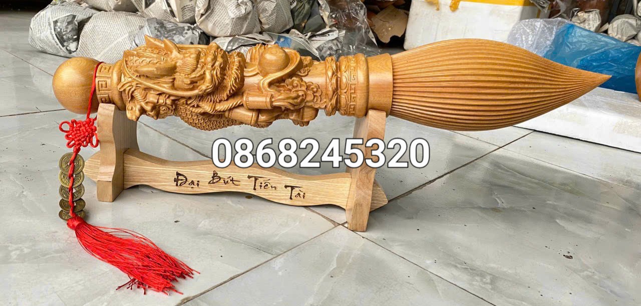 Bút phong thủy khắc nhất long vờn ngọc bằng bách xanh  kt 60×10×10cm