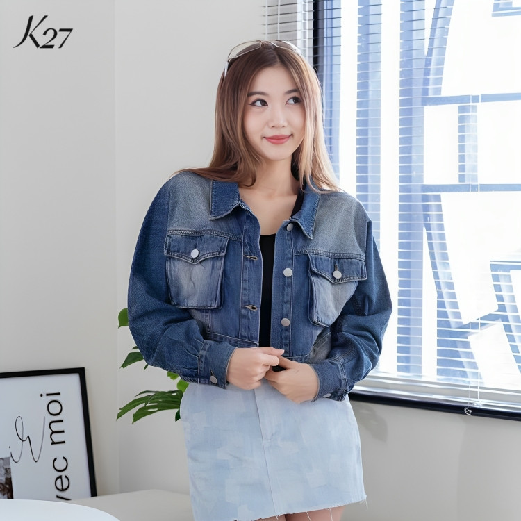 Áo khoác jeans nữ cao cấp màu xanh đậm thời trang hàng hiệu rosata k27