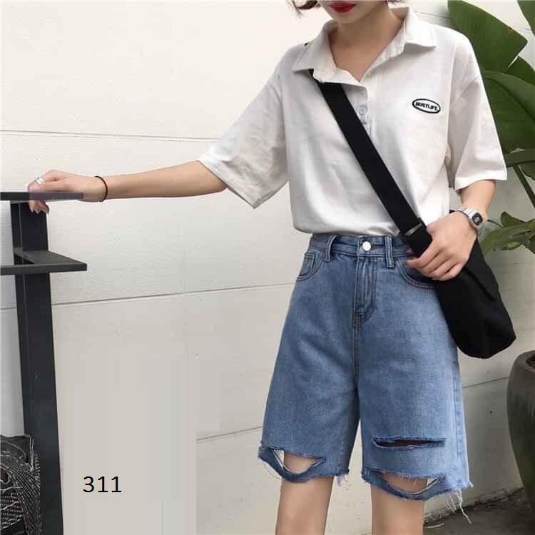 QUẦN SHORT LỬNG JEAN – BÒ NGÓ ĐÙI KIỂU NỮ LƯNG CAO XANH TRƠN BASIC RÁCH BỤI 42