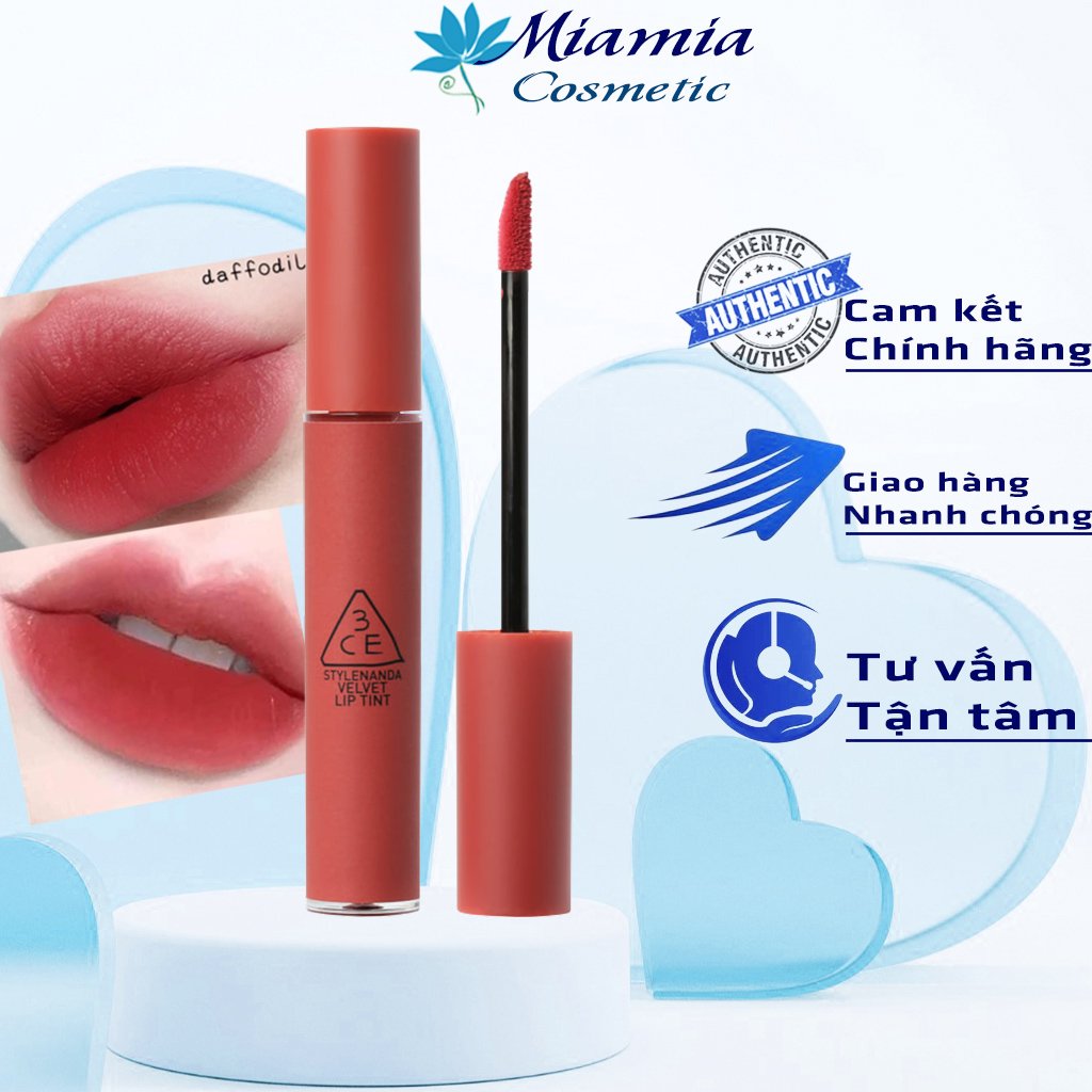 Son 3CE Velvet Lip Tint Daffodil Son Kem Tint Màu Đỏ Đất Lì Bền Màu Lâu Trôi [CAM KẾT NHẬP KHẨU CHÍNH HÃNG 100%]