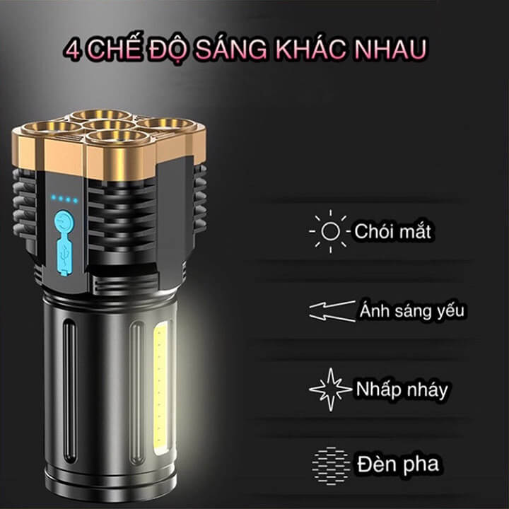 Đèn pin cầm tay siêu sáng 5 bóng chiếu xa 200m, chống thấm nước, pin dung lượng cao 4 chế độ sáng