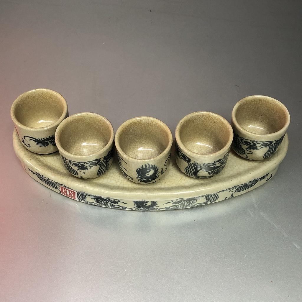Bộ cúng nước 5 ly men rạn cổ vẽ rồng KJ7222