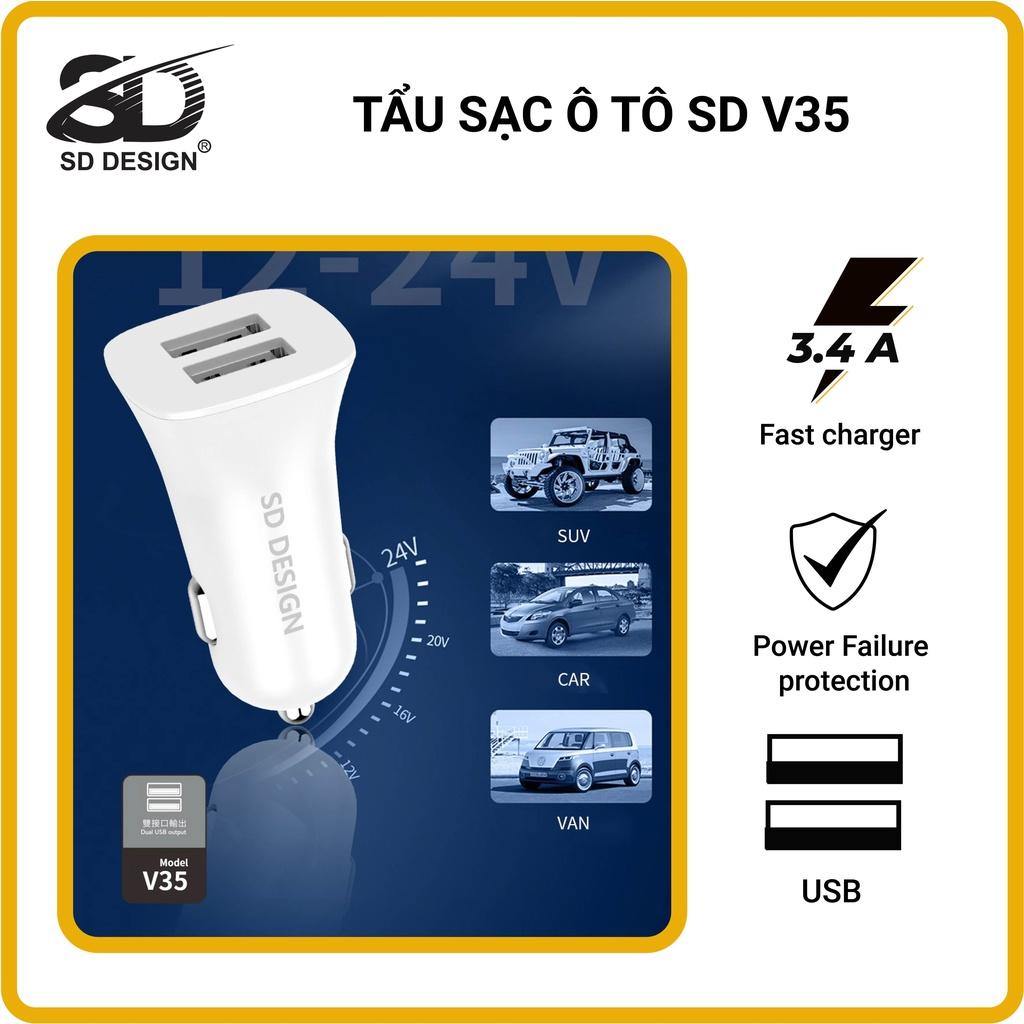 Tẩu sạc ô tô 2 cổng USB cao cấp V35 tương thích rộng rãi với nhiều loại thiết bị điện tử SD Design