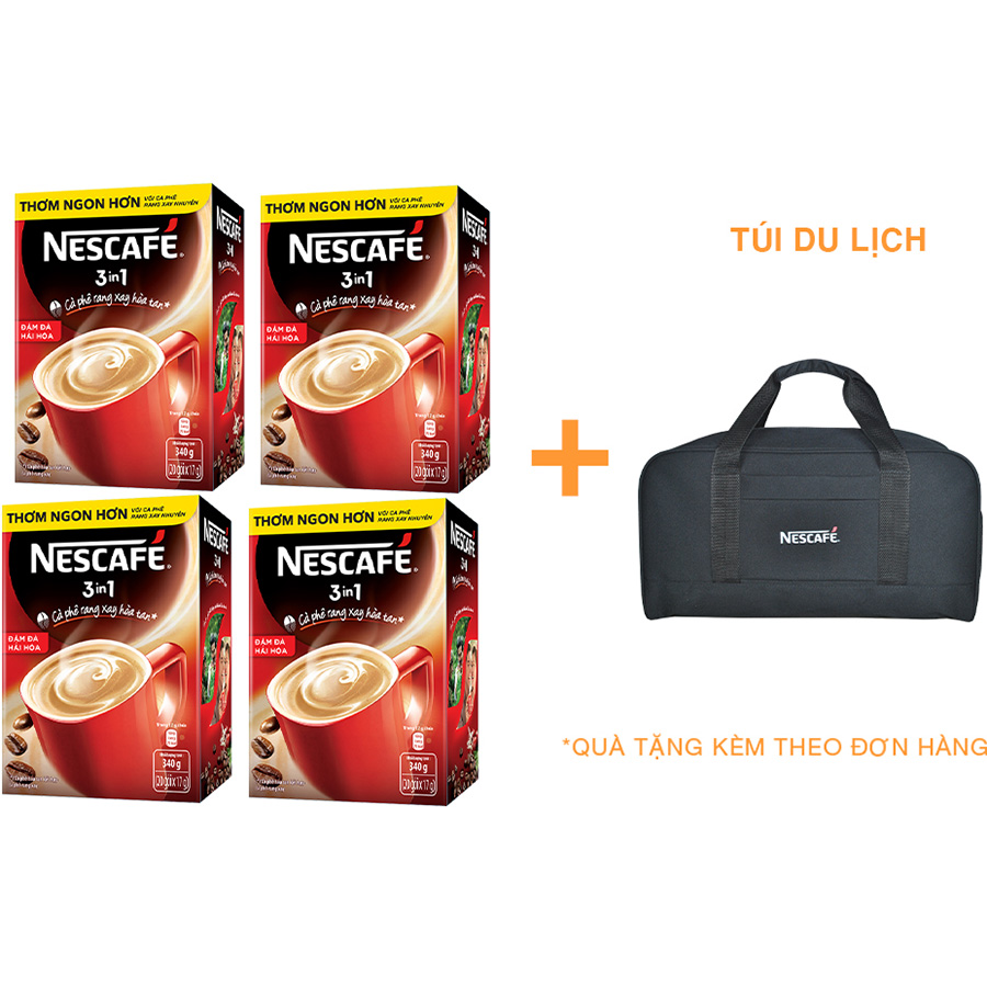 Combo 4 hộp cà phê rang xay hòa tan Nescafé 3in1 Vị Nguyên Bản (Hộp 20 gói x 17g) [Tặng túi du lịch - màu ngẫu nhiên]