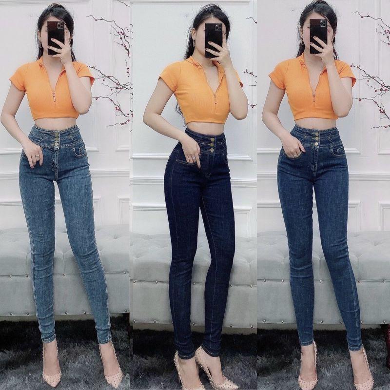 Quần jeans nữ lưng cao 3 nút chất jeans giấy cao cấp - D0424