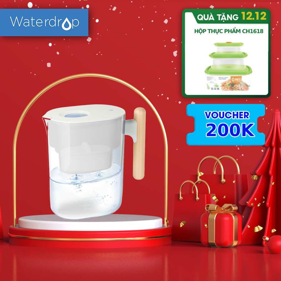 Bình lọc nước 4.4L WD-PT-04C Waterdrop Chubby Pitcher có tay cầm bằng gỗ