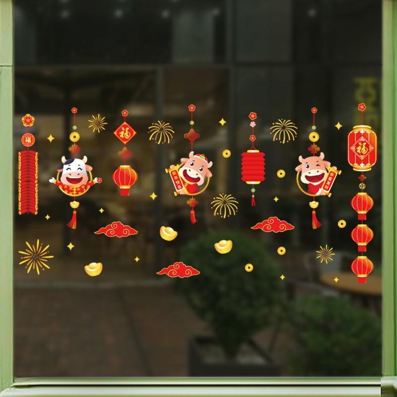 Decal Tết DÁN CỬA LỚN HÍT TĨNH ĐIỆN - Thần tài cùng 4 chú trâu phối Rèm Trâu nhí