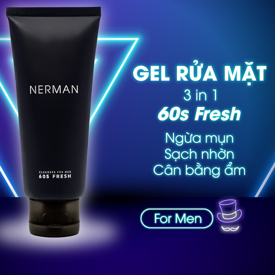 Gel rửa mặt ngăn ngừa mụn Nerman Nano Curcumin 60s Fresh dành riêng cho nam làm sạch sâu, ngăn ngừa vi khuẩn gây mụn