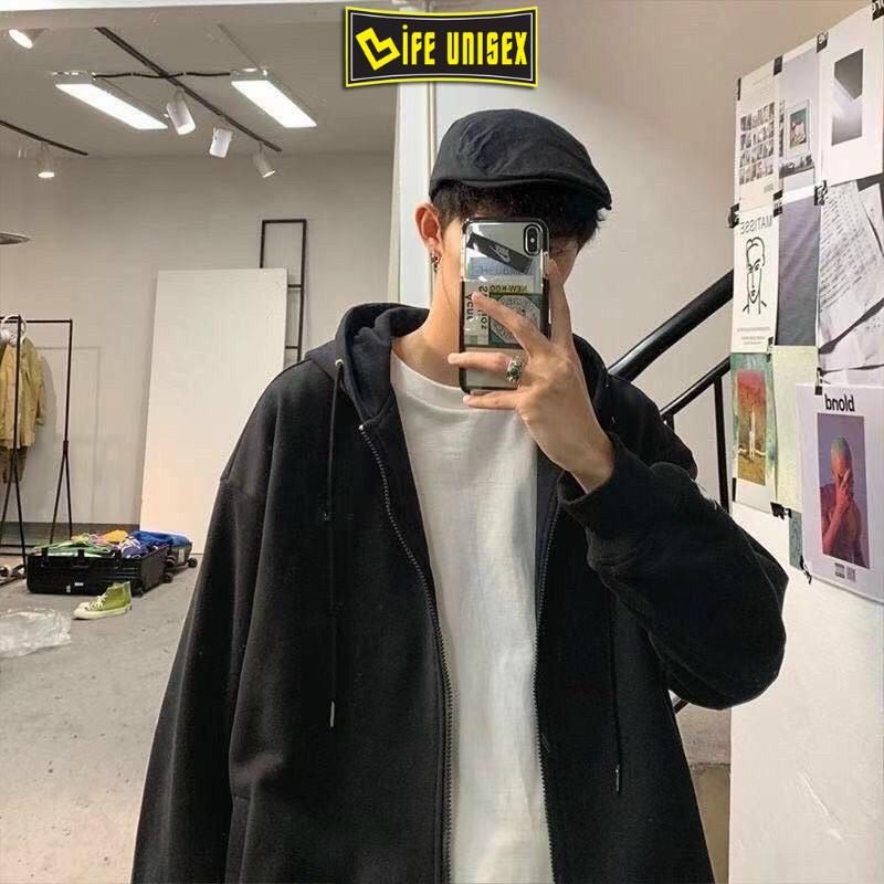 Áo Khoác Nỉ Hoodie Dây Kéo Tay Phồng Form Rộng Khóa ZIP Nam Nữ Life Unisex