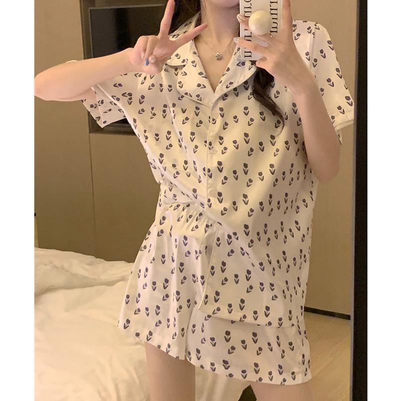 MS1053 Bộ Pyjama Nữ Lụa Satin, Bộ Quần Đùi Áo Cộc Mặc Nhà Hoa Tulip 9209#