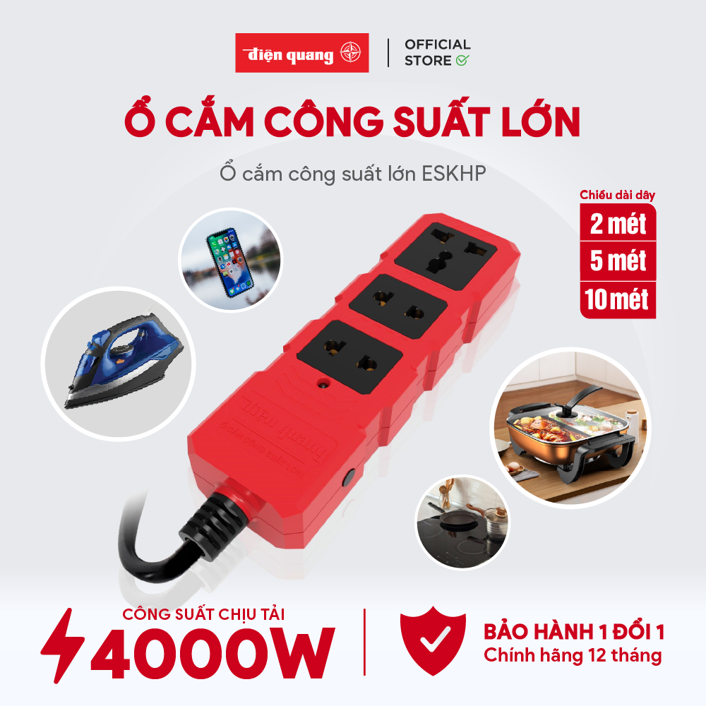 Ổ cắm công suất lớn Điện Quang ĐQ ESKHP 3RB 5M (3 lỗ, màu đỏ đen, dây dài 5m)