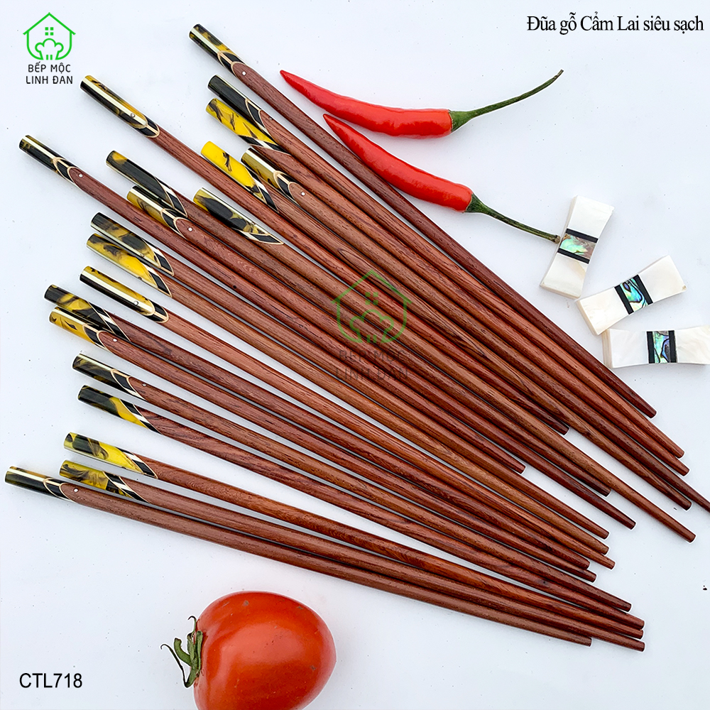 (5 Đôi) Đũa Gỗ Cẩm Lai Tự Nhiên - Đầu Cẩn Thạch Chéo Vân Vàng [CTL718-5]
