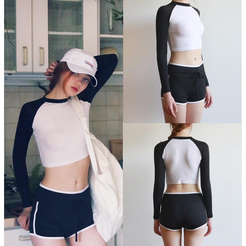 Bộ đồ bơi nữ croptop màu trắng đen thun lạnh dày đẹp