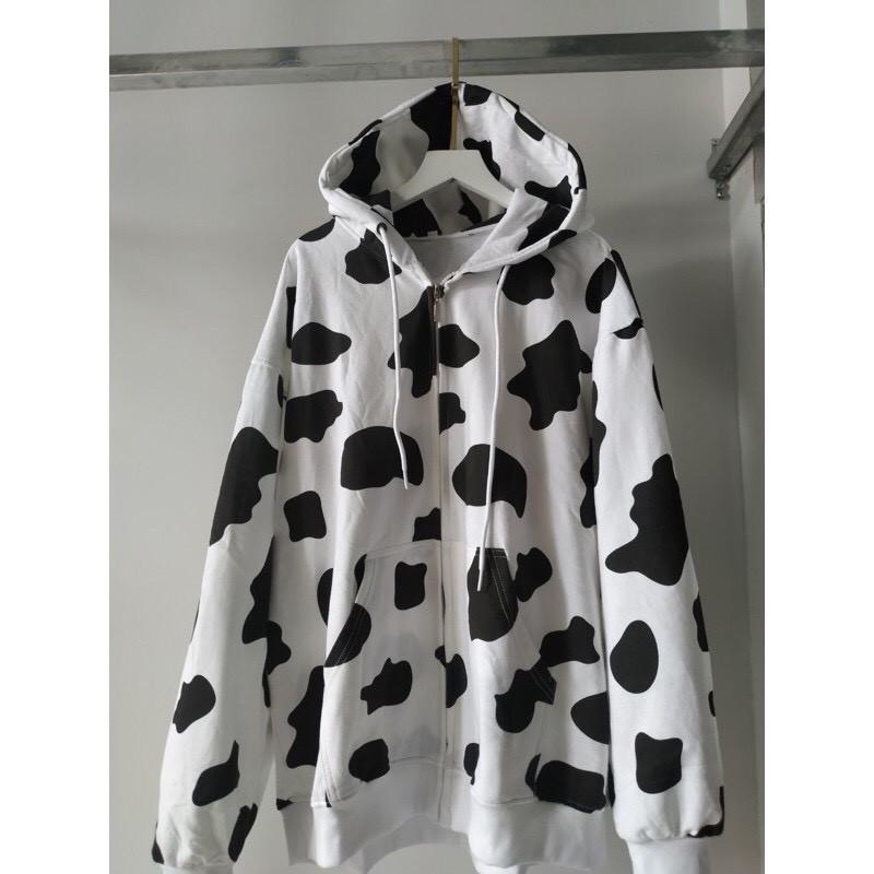 Áo Khoác Hoodie Unisex Bò Sữa Form Rộng Có Dây Kéo Siêu Cute