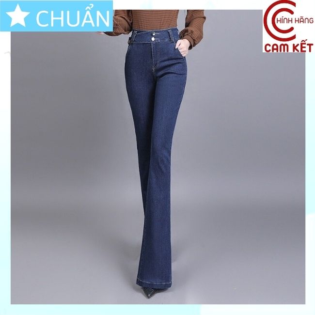 Quần jean nữ ống loe QRO73 ROSATA tại BCASHOP dáng dài, lưng cao 2 nút cách điệu thêm 1 nút chéo eo, chất liệu jean cao cấp - màu xanh