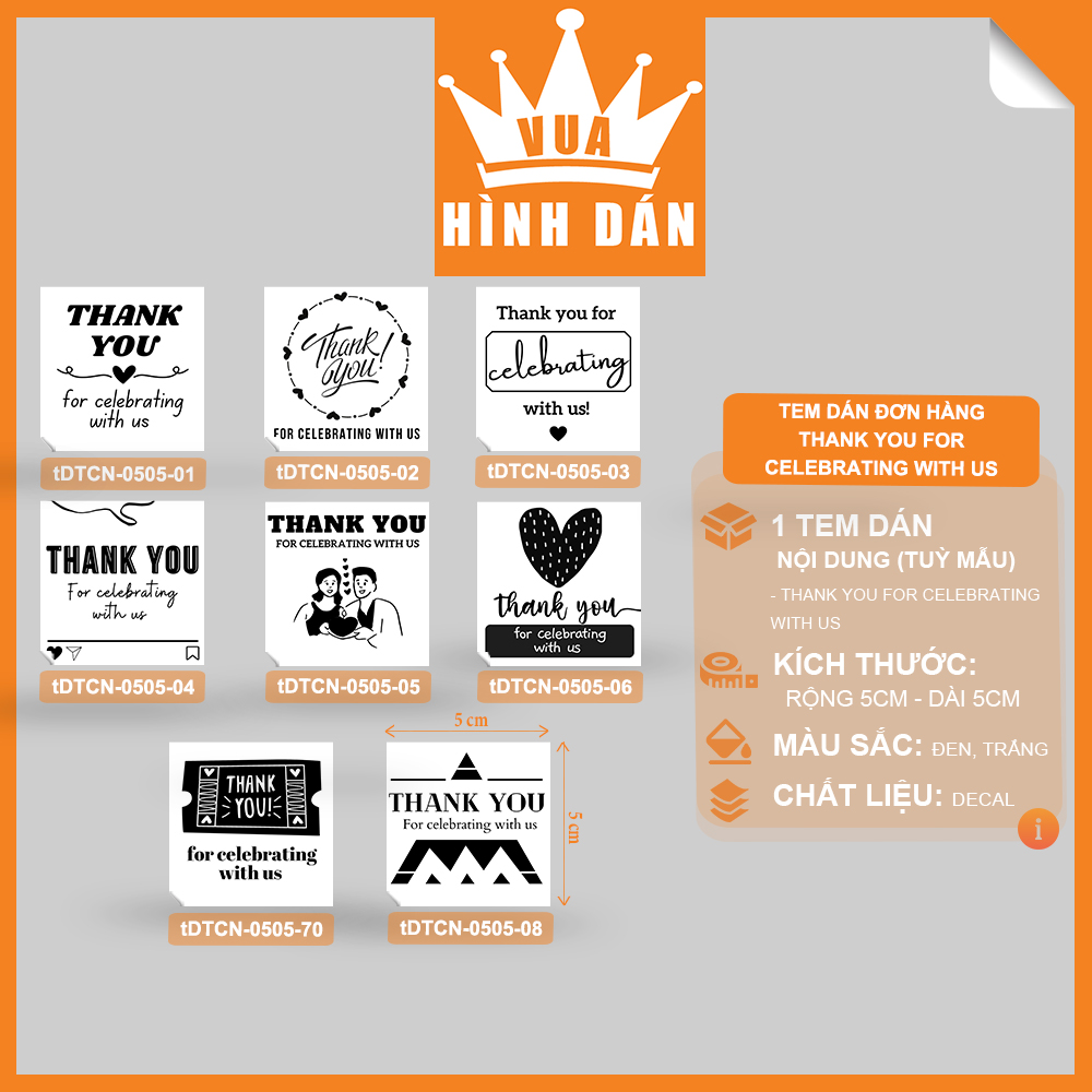 Set 50/100 sticker THANK YOU FOR CELEBRATING WITH US 5x5cm - nhãn dán gói hàng, quà lưu niệm 4.006