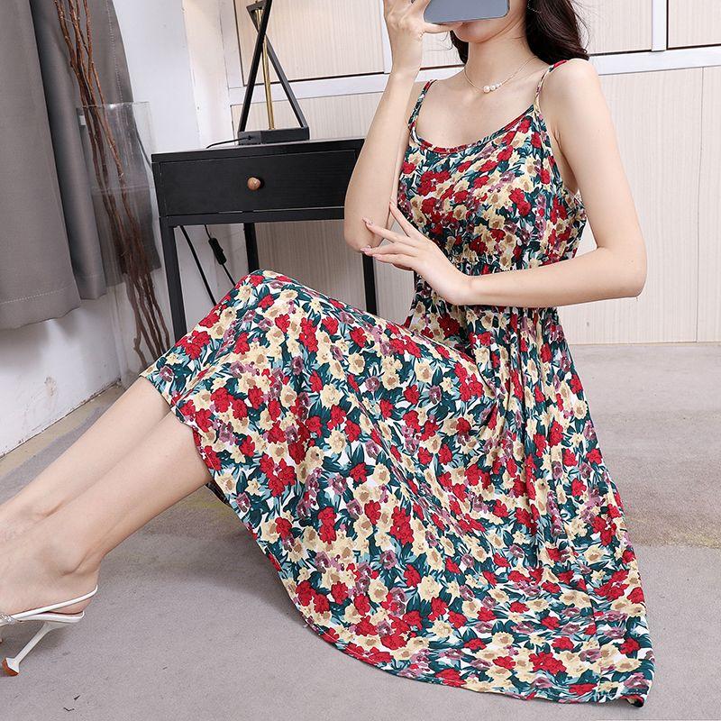 DONGSHOP Mùa hè 2023 Hàn Quốc phiên bản có thể điều chỉnh treo vest đầm mỏng mỏng trung bình dài hoa bãi biển váy