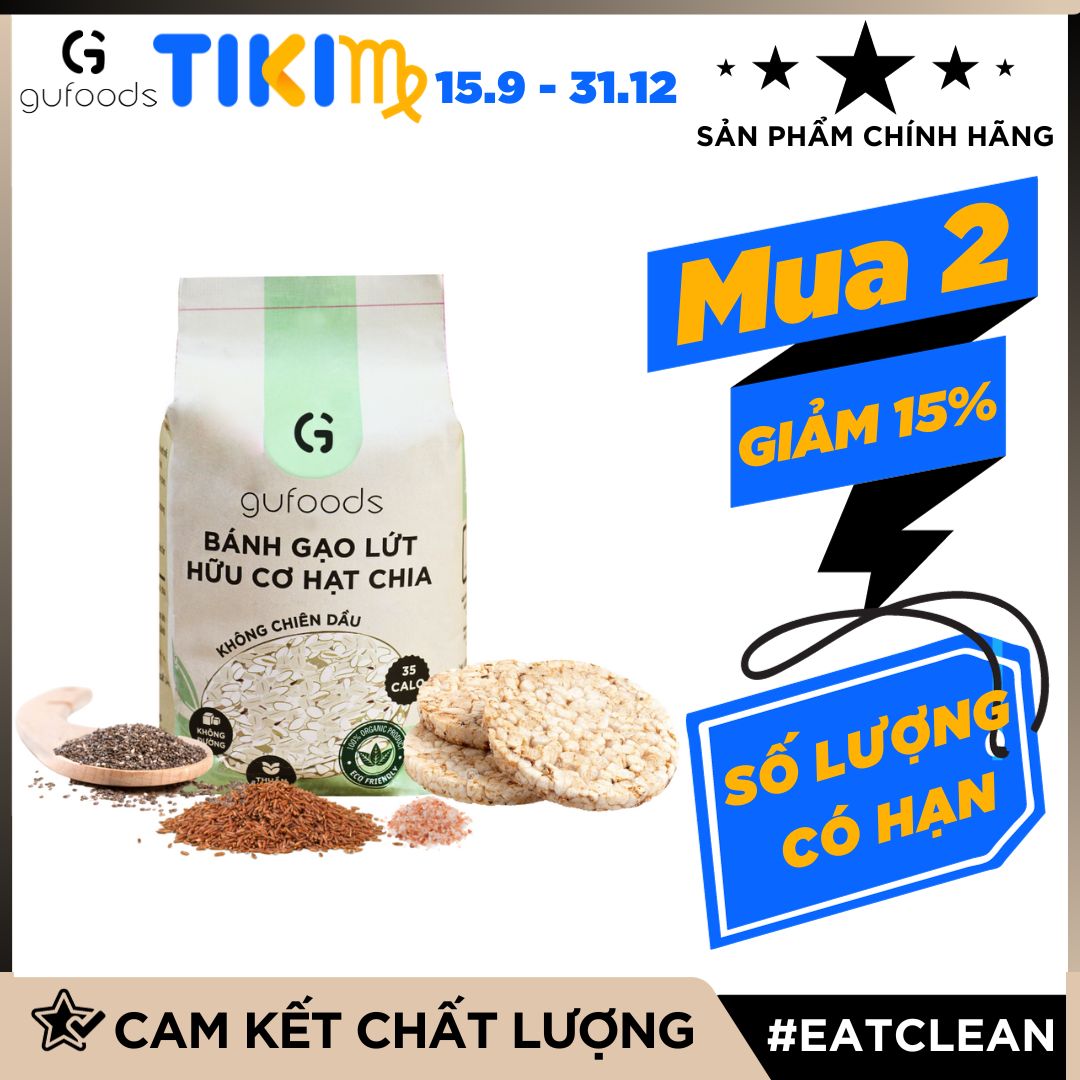 Bánh gạo lứt ăn kiêng hữu cơ hạt chia GUfoods - Hạt chia organic, Không đường, Thuần chay