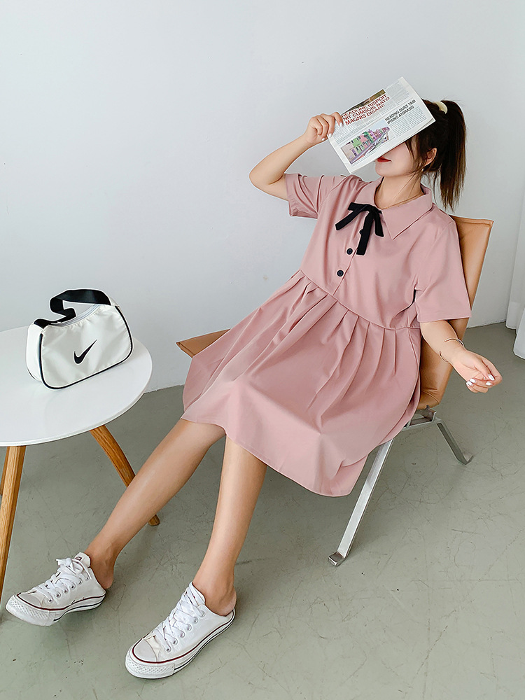 Đầm Suông Xếp Ly Hồng Phấn Đính Nơ.