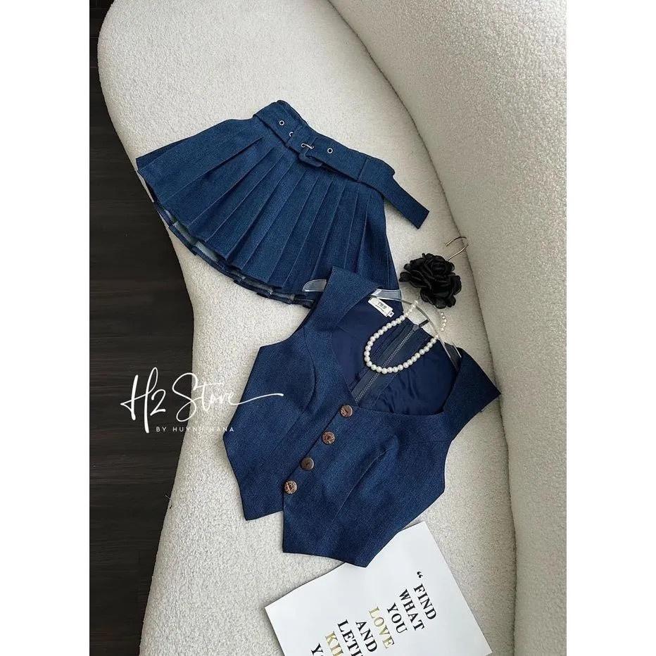 ĐẦM SET ÁO CROPTOP GILE DENIM JEANS + CHÂN VÁY NGẮN XẾP LY XÒE ĐI TIỆC ĐI CHƠI DẠO PHỐ ĐI BIỂN