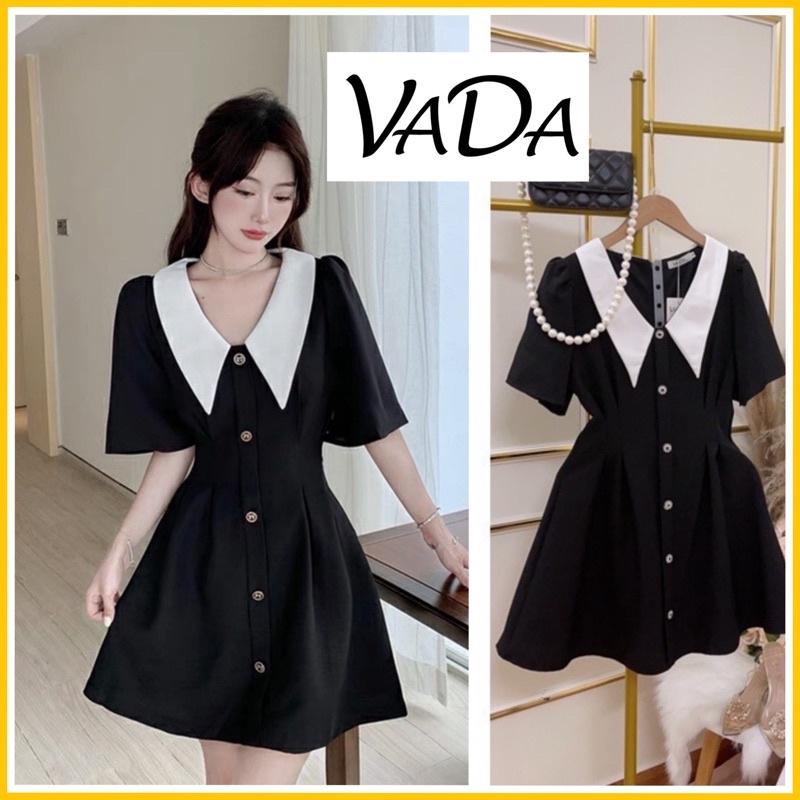 Đầm xòe cổ sen phối màu tay loe  6 nút hoa xinh xắn KÈM HÌNH THẬT - ĐEN