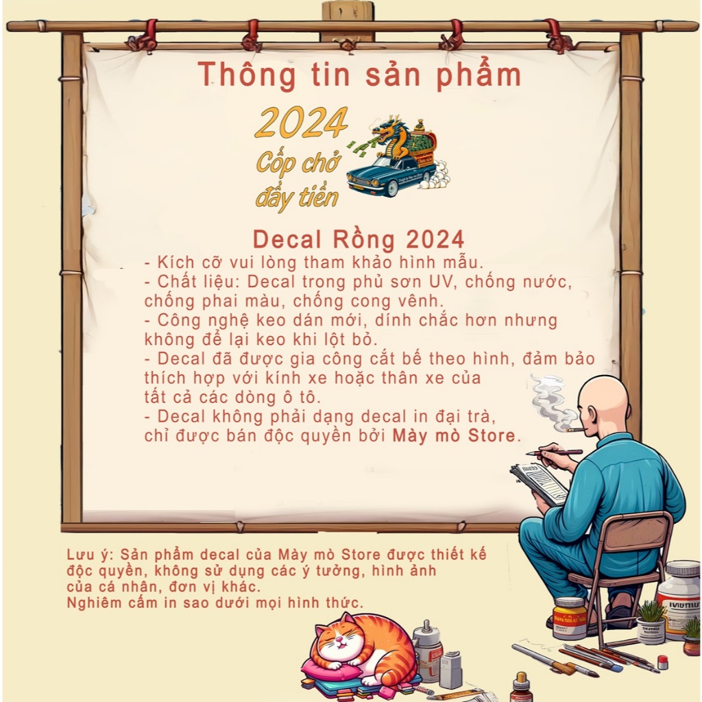 Decal dán xe, tem dán xe, Rồng 2024 - thiết kế đặc biệt phủ sơn UV dán kính hậu ôtô Mày mò Store.