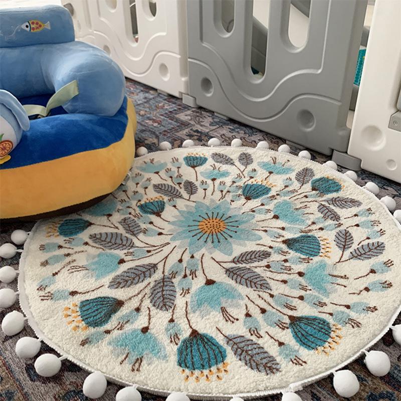 Phòng ngủ vòng tròn thảm phòng tắm dễ thương với pom poms rìa cây hoa có thể giặt thảm ném thảm sàn mềm chống trượt đường kính ， 40 cm
