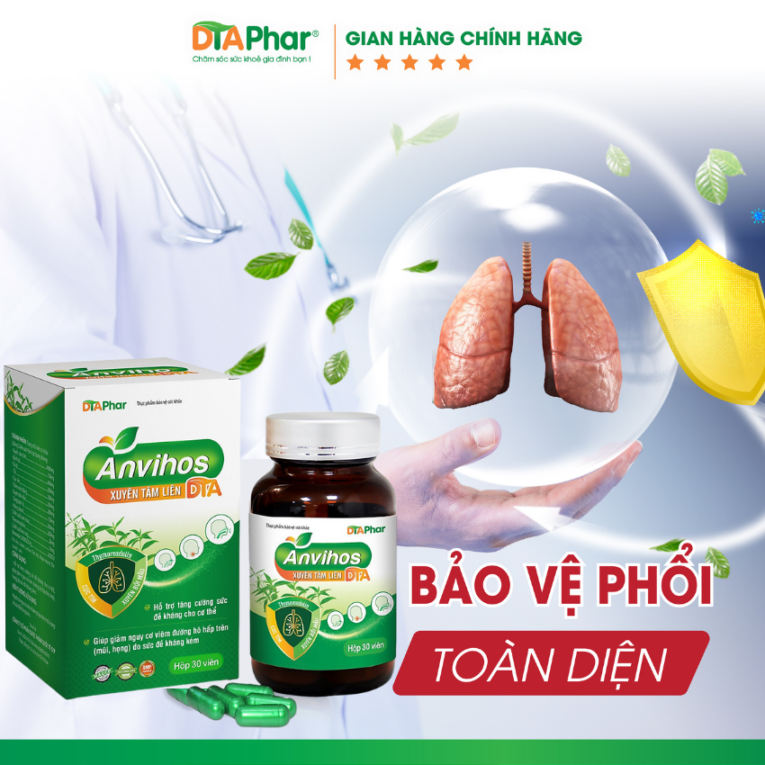 Viên uống Xuyên Tâm Liên Anvihos hỗ trợ tăng đề kháng giảm nguy cơ viêm đường hô hấp trên mũi, họng Hộp 30 viên Tâm An Pharma