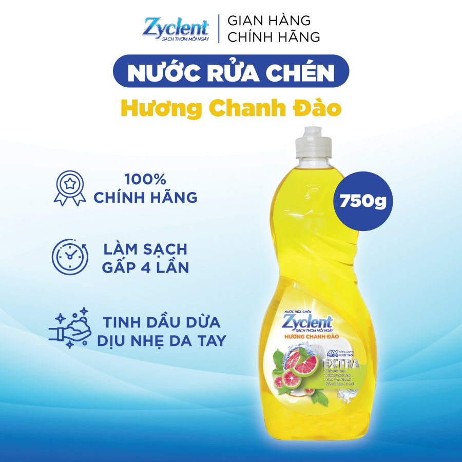 NƯỚC RỬA CHÉN ZYCLENT EXTRA HƯƠNG CHANH ĐÀO - 750G