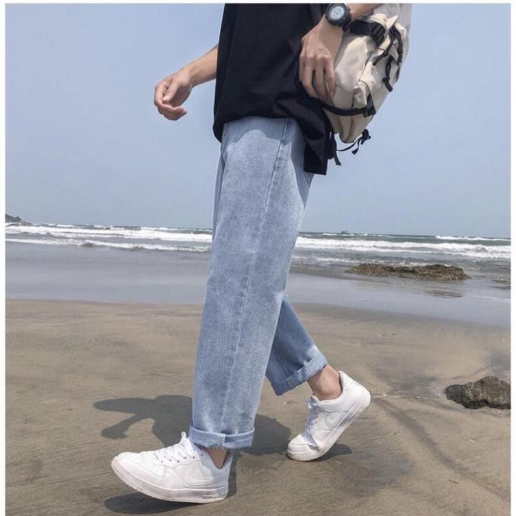 Quần jean baggy nam trơn xanh ống suông rộng mã TR01 style hàn quốc