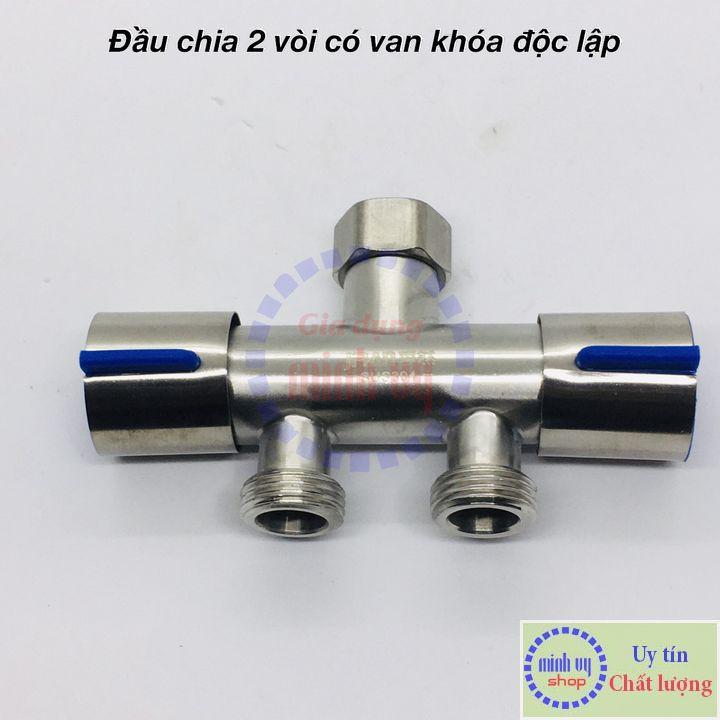 Van Nước 2 cổng xả có điều khiển (xanh) riêng biệt dạng vòi chia nước - đầu ra 21mm Inox SUS304-VC2xanhthang