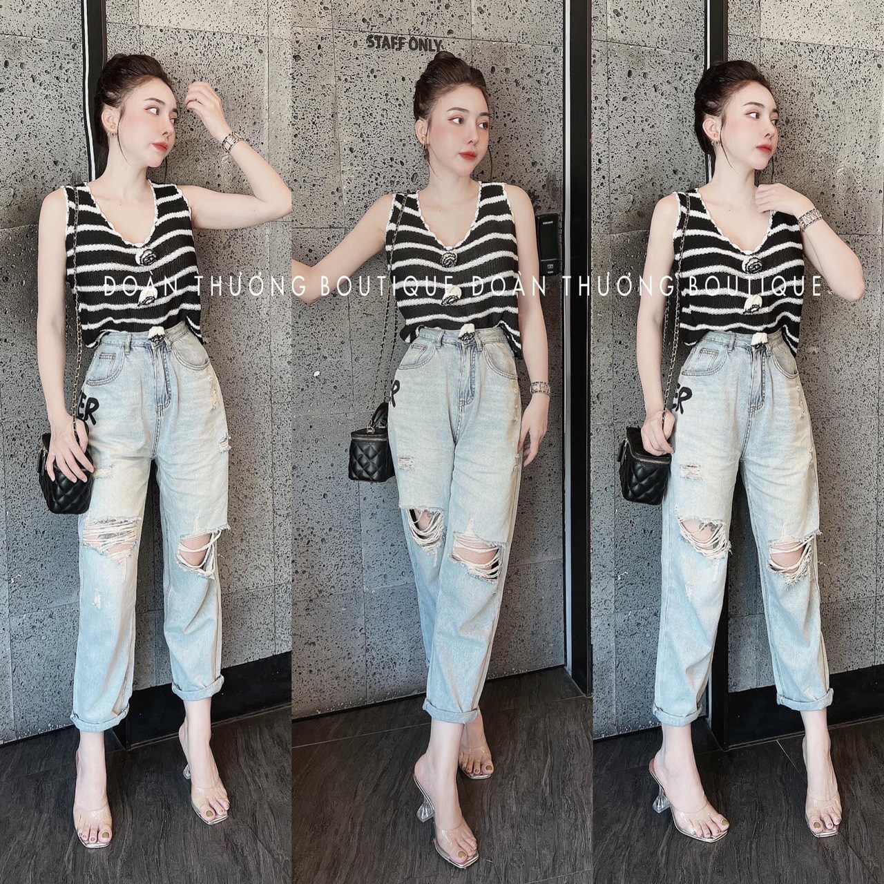 Áo len sát nách kẻ đính hoa Quảng Châu cho nữ LS_AL084