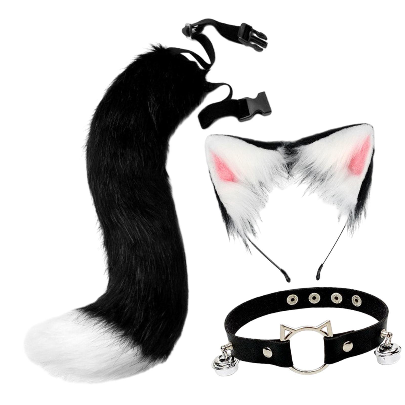 Ears and Long Tail Set Faux Plush Hair Hoop for Halloween Christmas Carnival