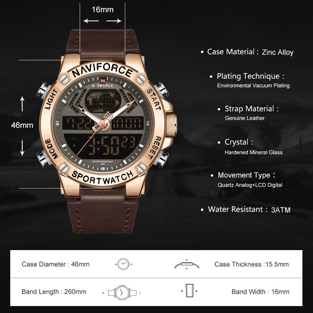 Đồng hồ đeo tay điện tử cho nam NAVIFORCE Quartz dây da chuyên nghiệp chống nước 3ATM đa chức năng