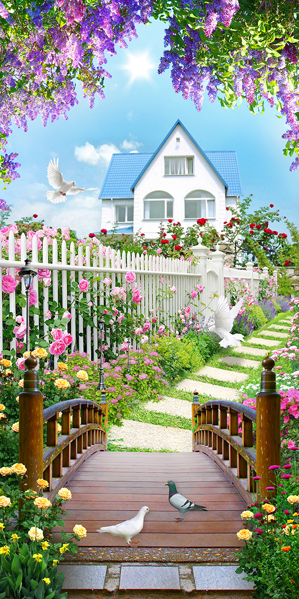 Tranh dán tường cảnh đẹp thiên nhiên lối vào vườn hoa hồng LV-0157