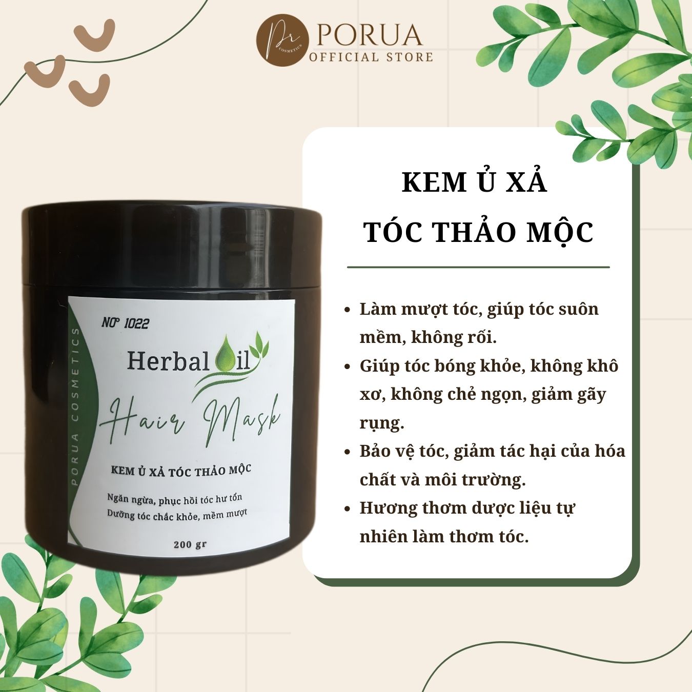 Kem ủ xả tóc thảo mộc PORUA Việt Nam 200gr dưỡng tóc suôn mượt phục hồi tóc hư tổn